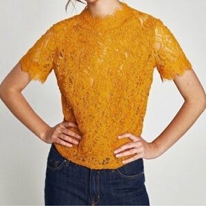 Zara Trafaluc Embroidered Mustard Yellow Lace Zip Up Short Sleeve Blouse Sz Med